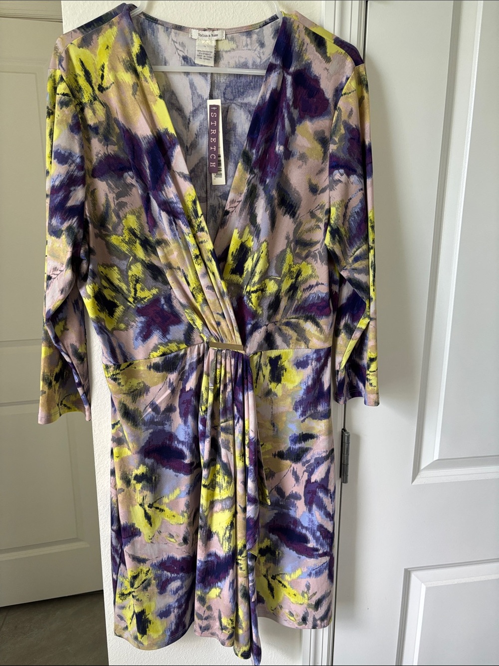 Abstract Print Long Sleeve Wrap Dress in Purple & Yellow